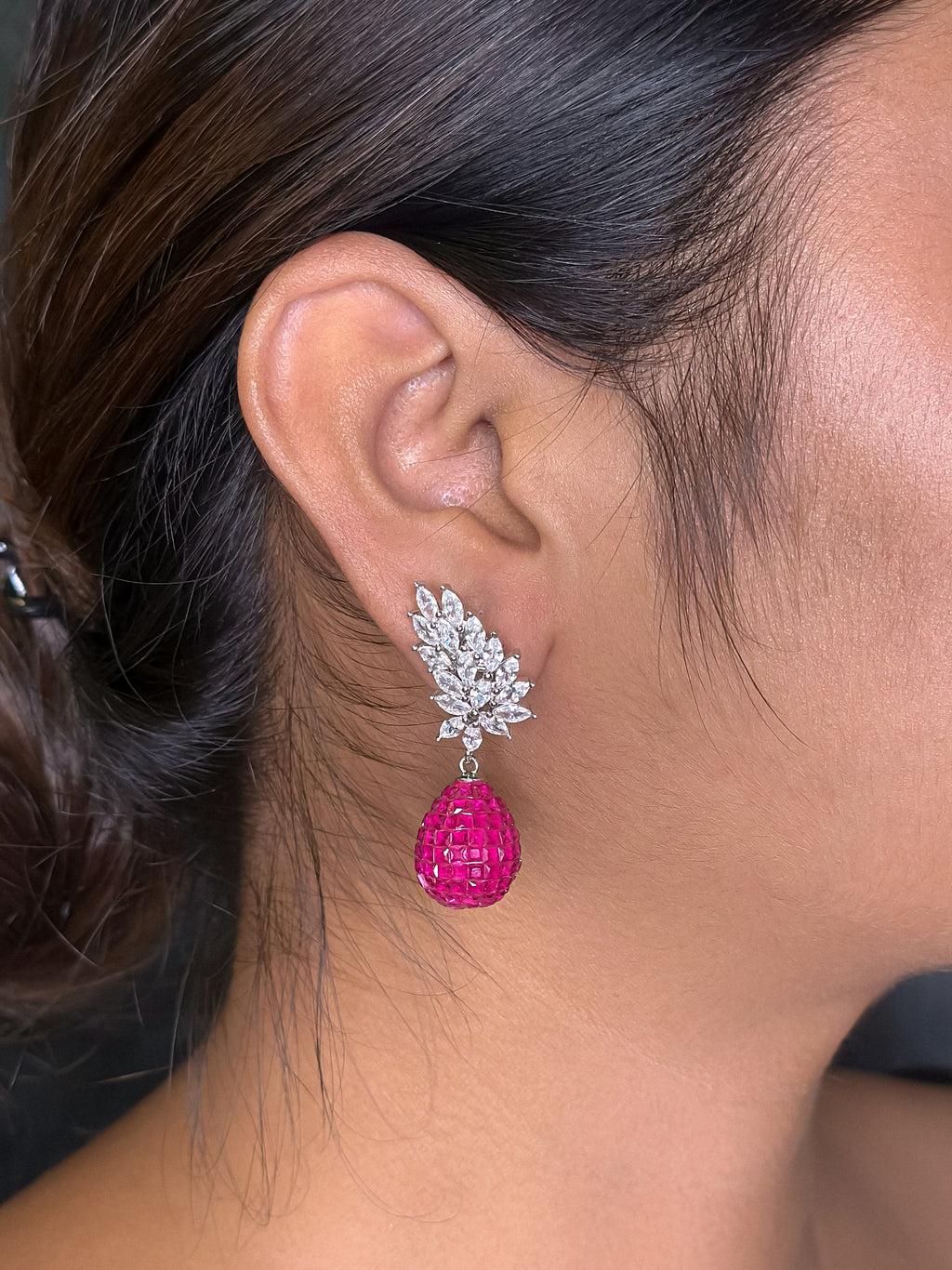 Emerald Red Drop Earring For Girls , Diamond Studded