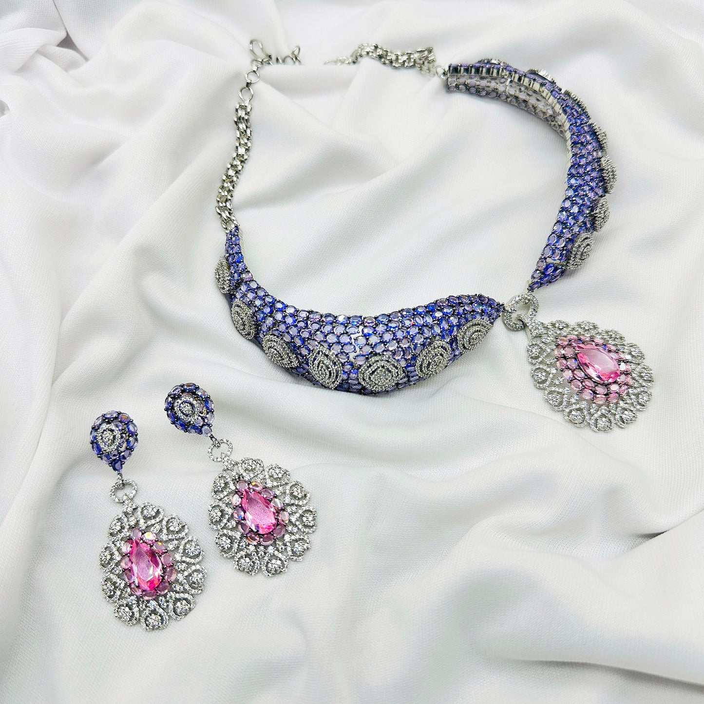 CZ PINK Stone Choker Necklace Set -Kavipushp Blings