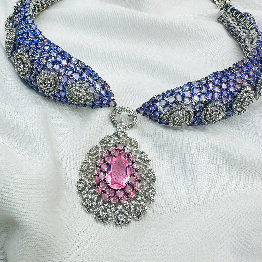 CZ PINK Stone Choker Necklace Set -Kavipushp Blings