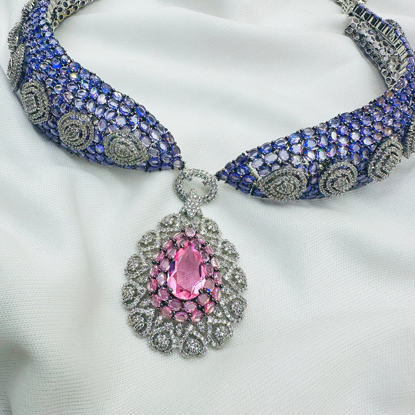 CZ PINK Stone Choker Necklace Set -Kavipushp Blings
