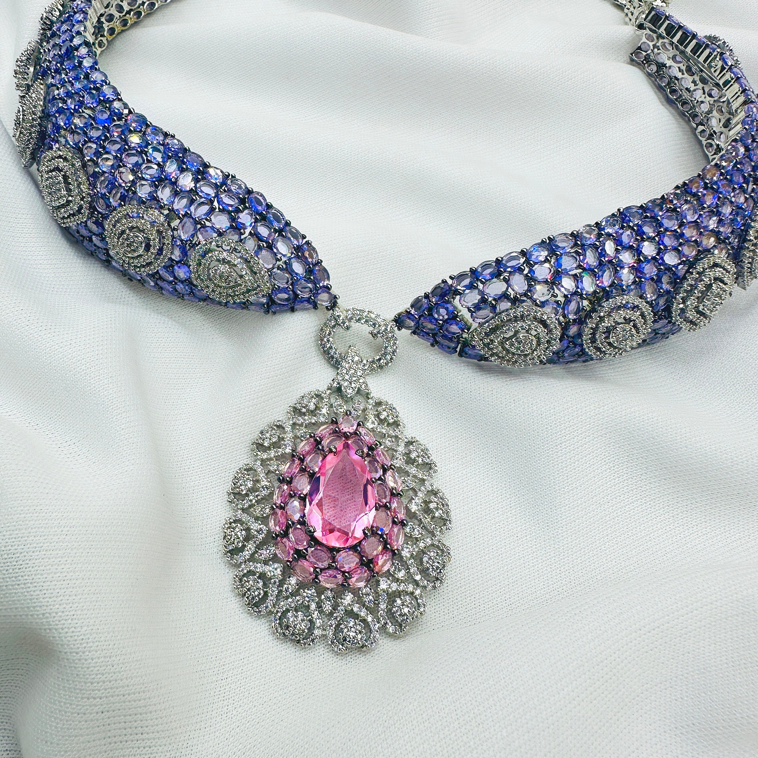 CZ PINK Stone Choker Necklace Set -Kavipushp Blings