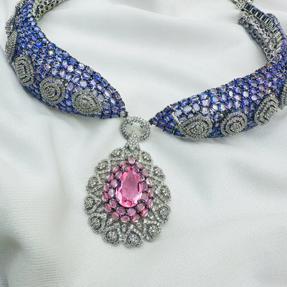 CZ PINK Stone Choker Necklace Set -Kavipushp Blings