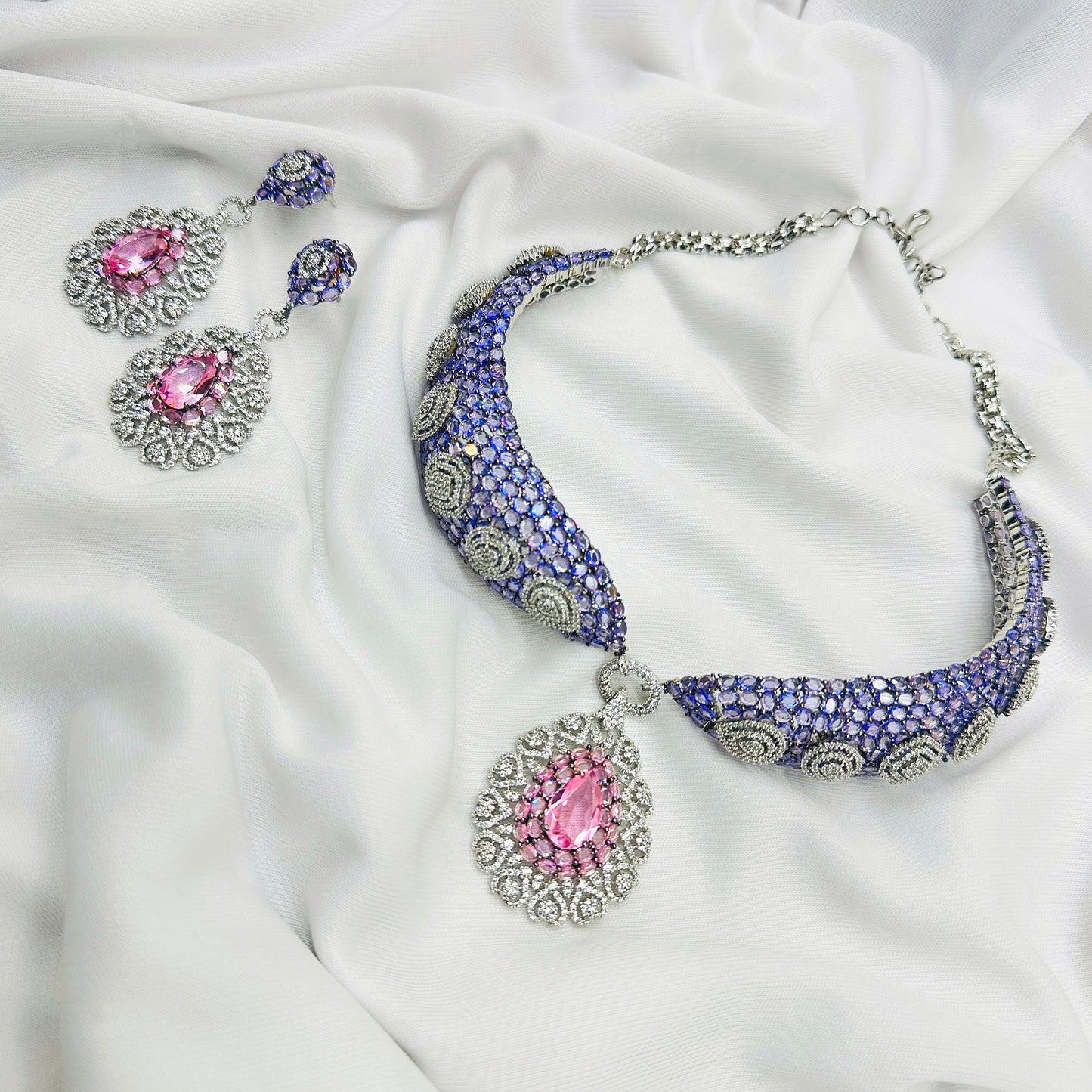 CZ PINK Stone Choker Necklace Set -Kavipushp Blings