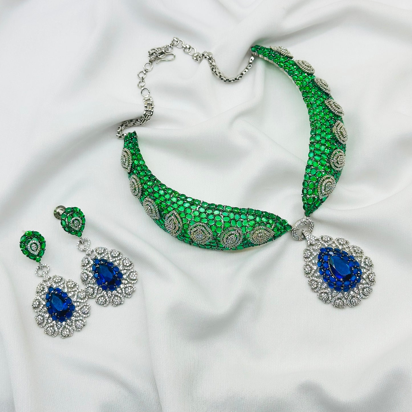 CZ Green Stone Choker Necklace Set -Kavipushp Blings