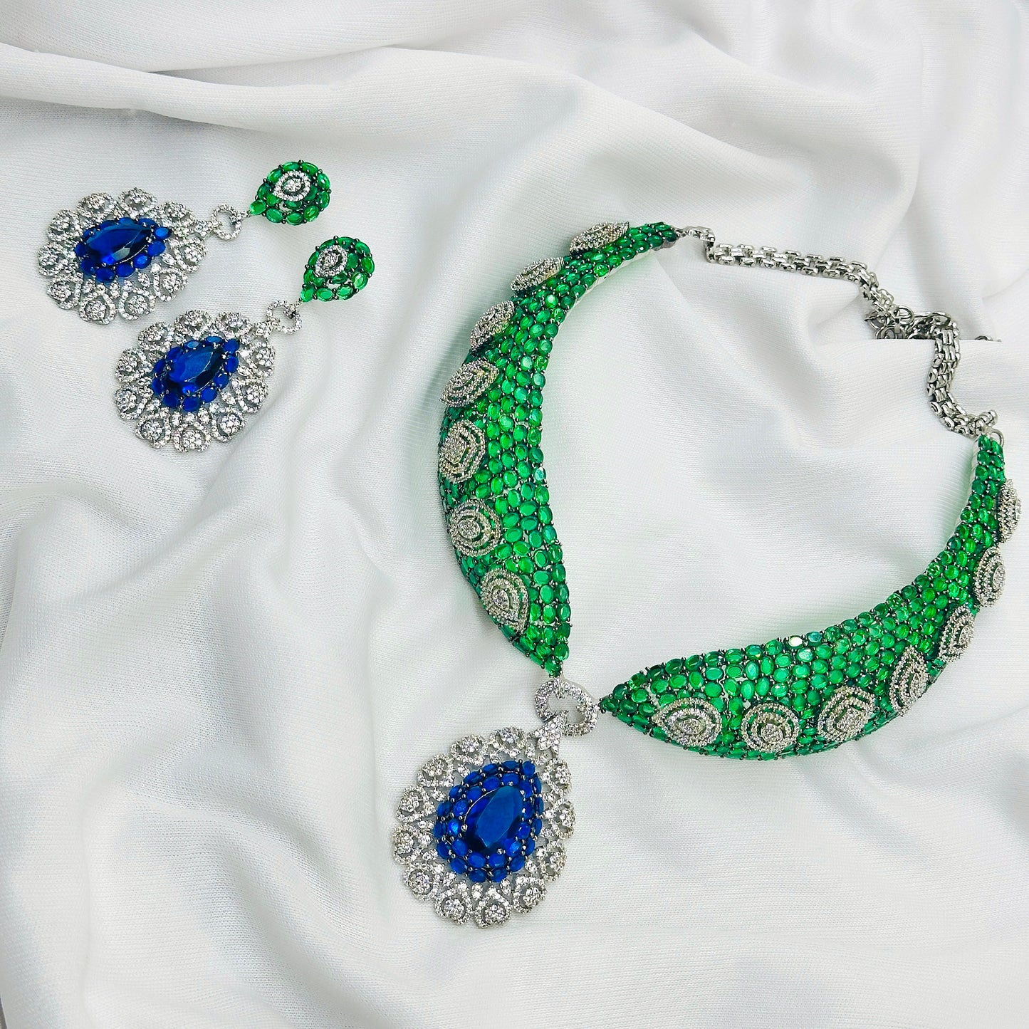 CZ Green Stone Choker Necklace Set -Kavipushp Blings