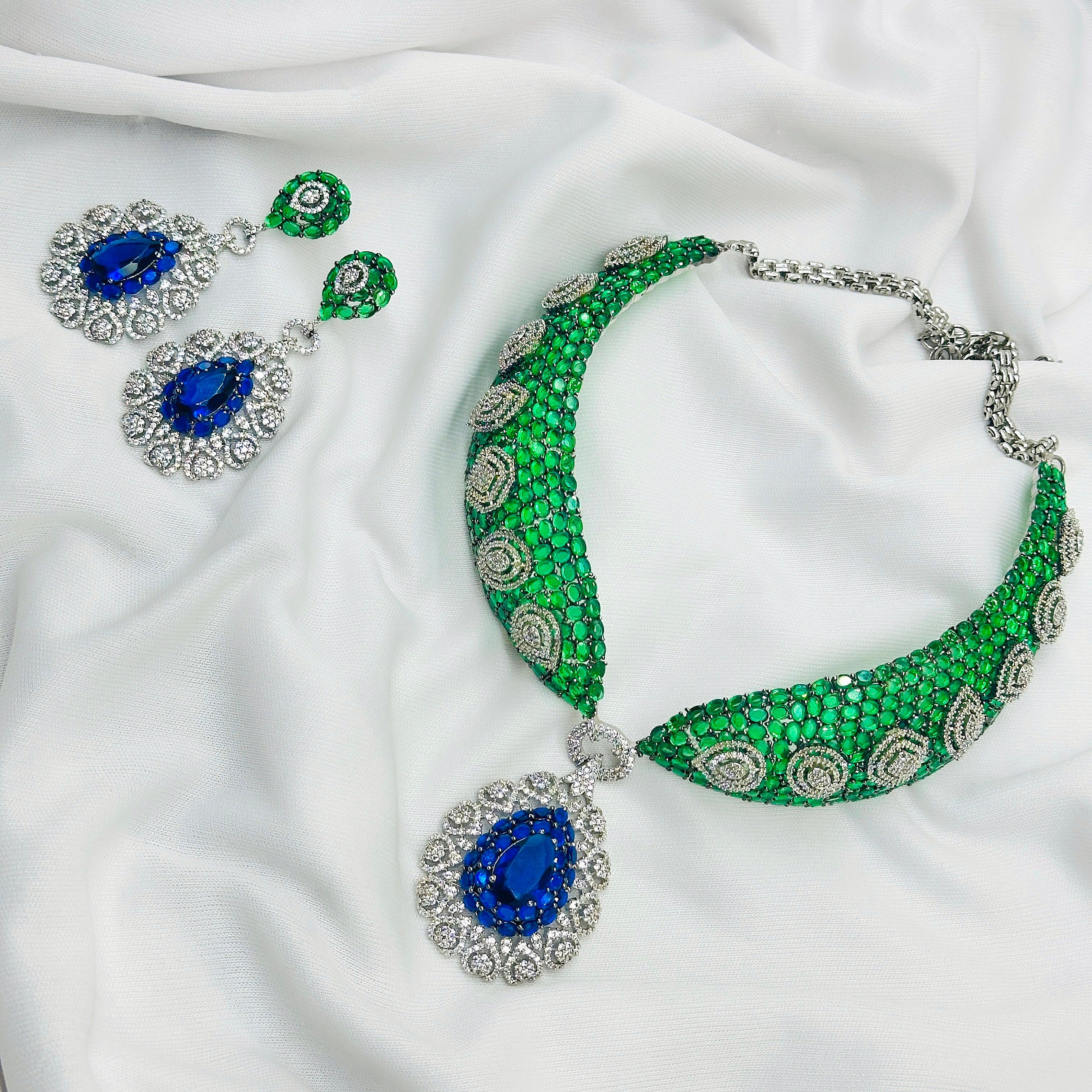 CZ Green Stone Choker Necklace Set -Kavipushp Blings