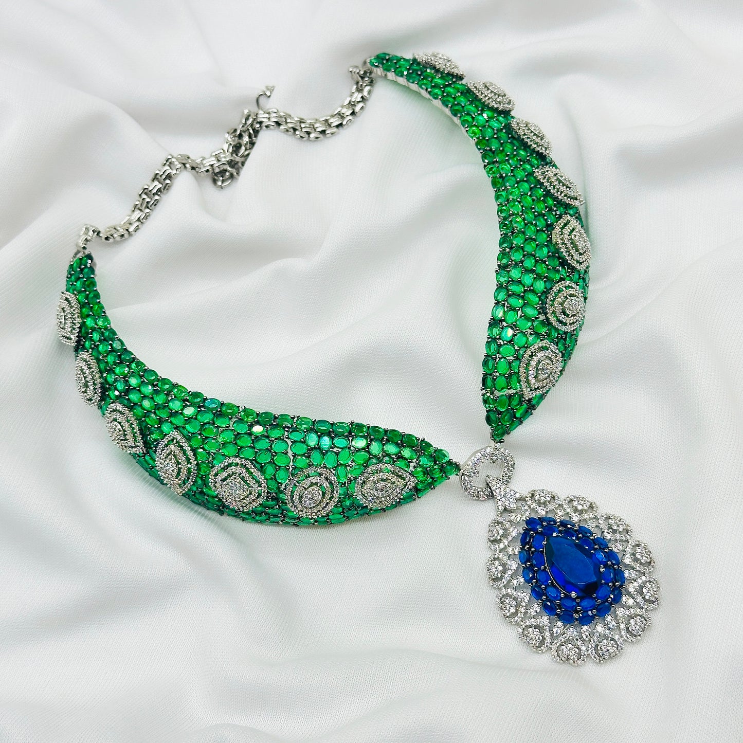 CZ Green Stone Choker Necklace Set -Kavipushp Blings