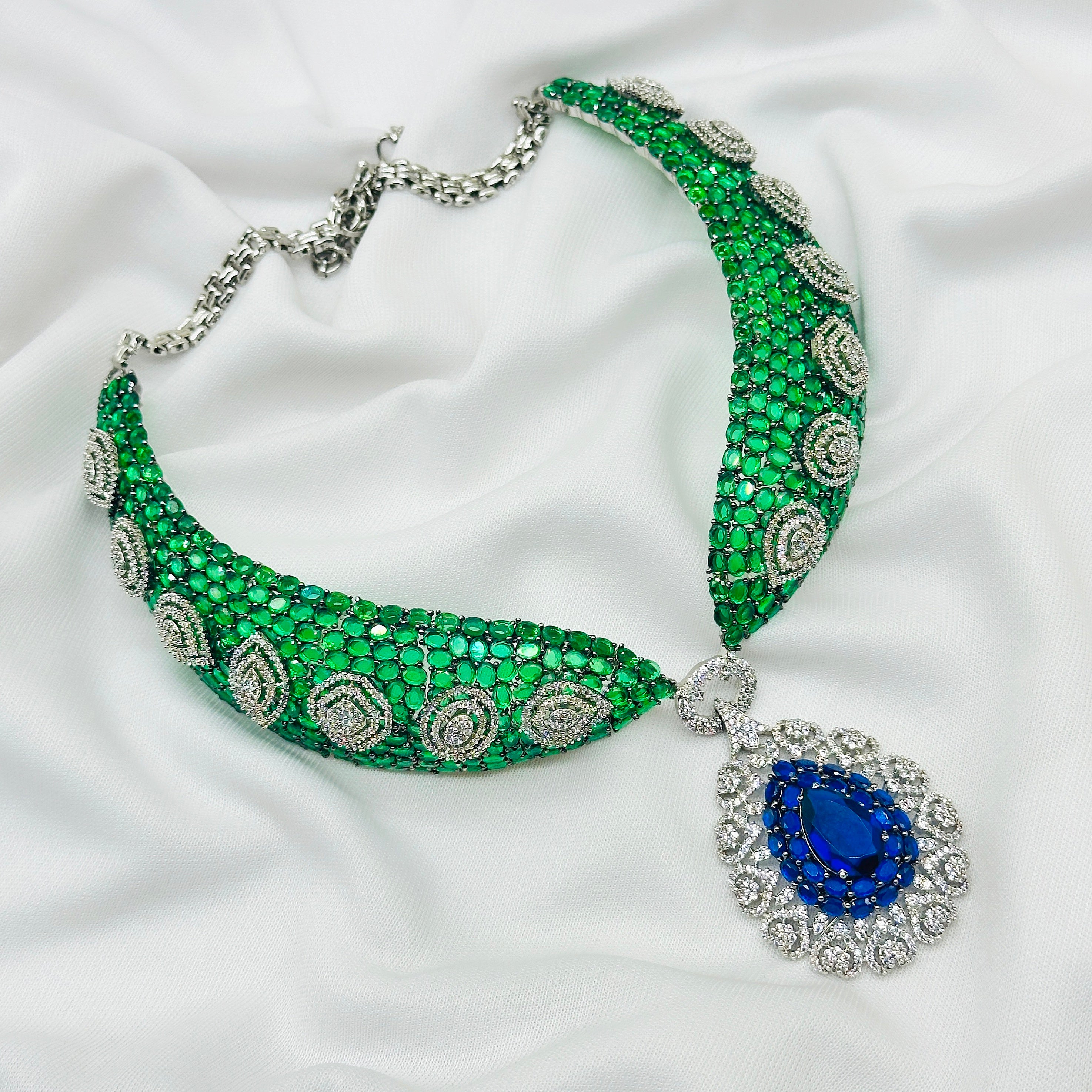 CZ Green Stone Choker Necklace Set -Kavipushp Blings