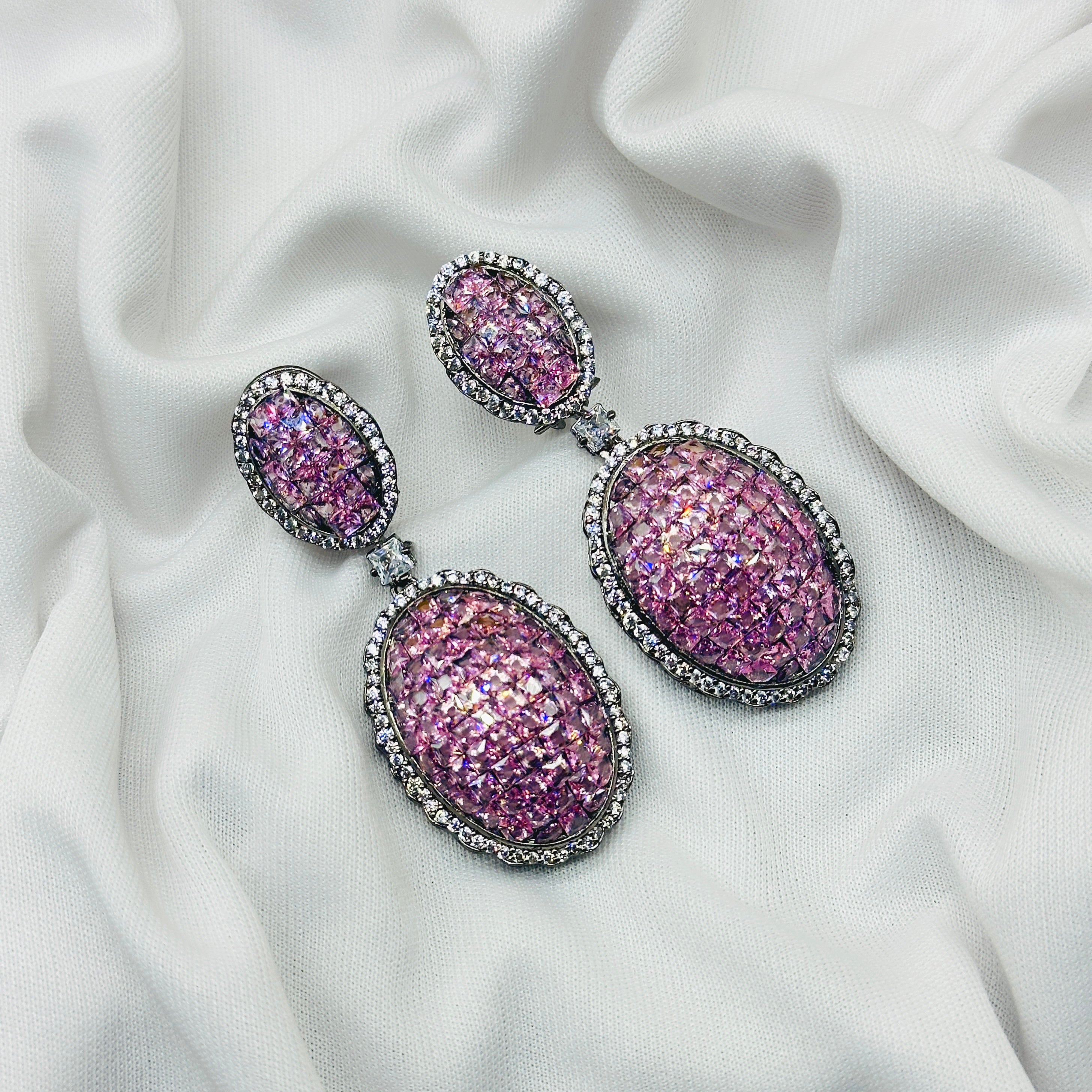 "Dazzling Purple Drop Earrings – Emerald White Stone & Diamond Shine"