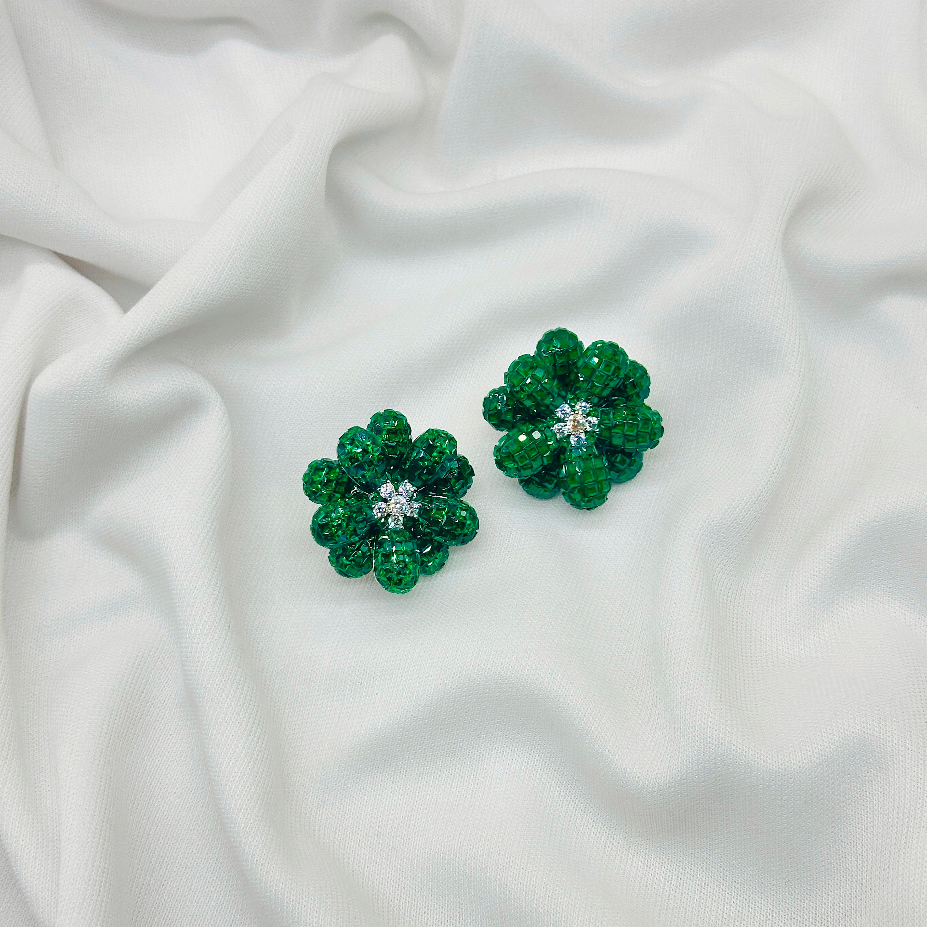 "Diamond-Studded Emerald White Stone Earrings with Green Drop Charm"
