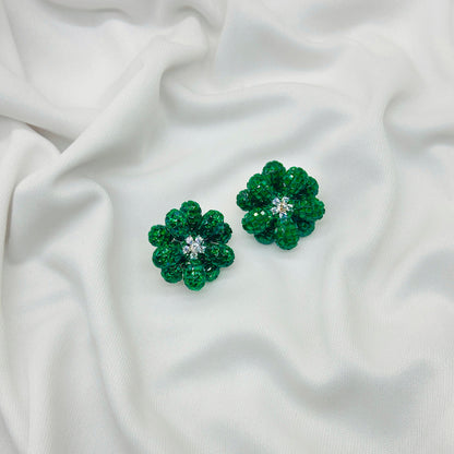 "Diamond-Studded Emerald White Stone Earrings with Green Drop Charm"