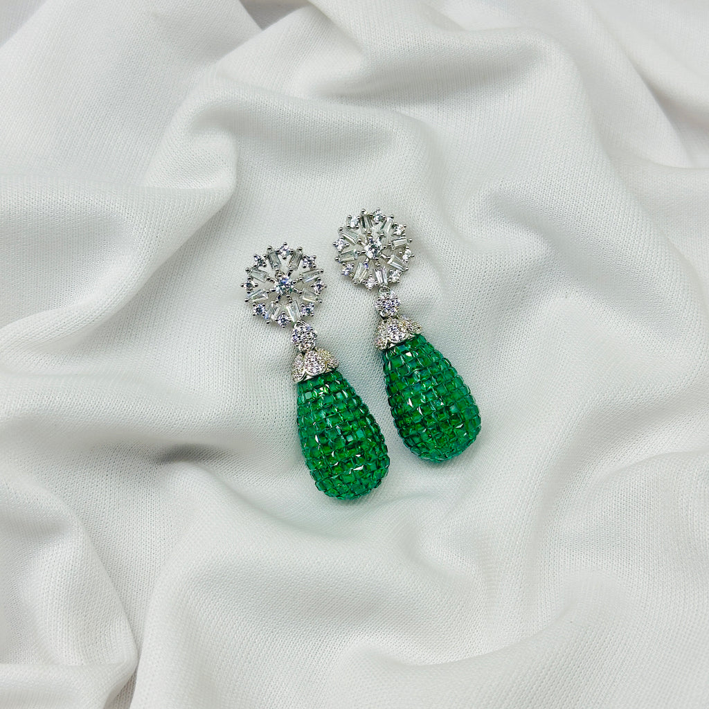 Emerald Green Drop Earring For Girls , Diamond Studded