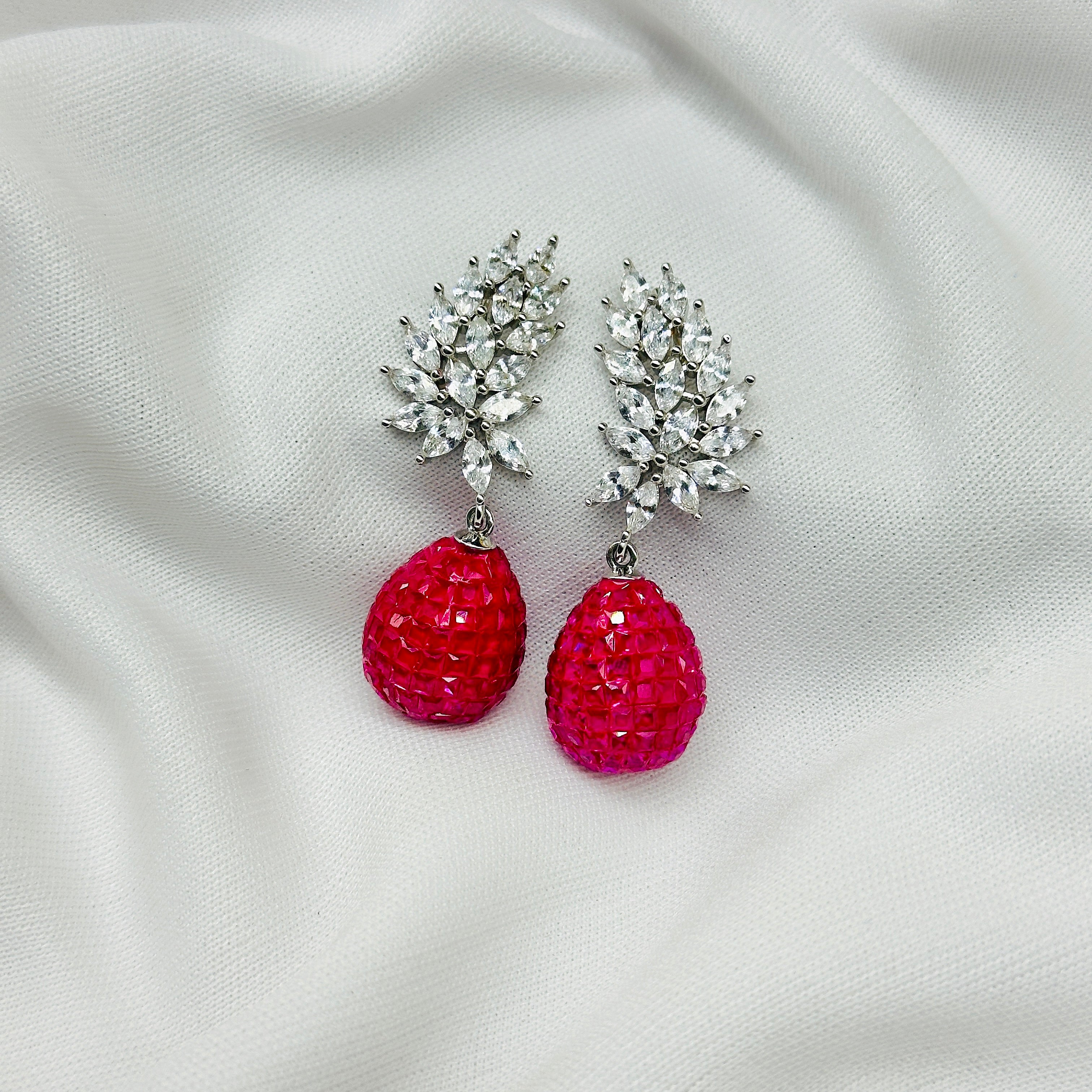 Emerald Red Drop Earring For Girls , Diamond Studded