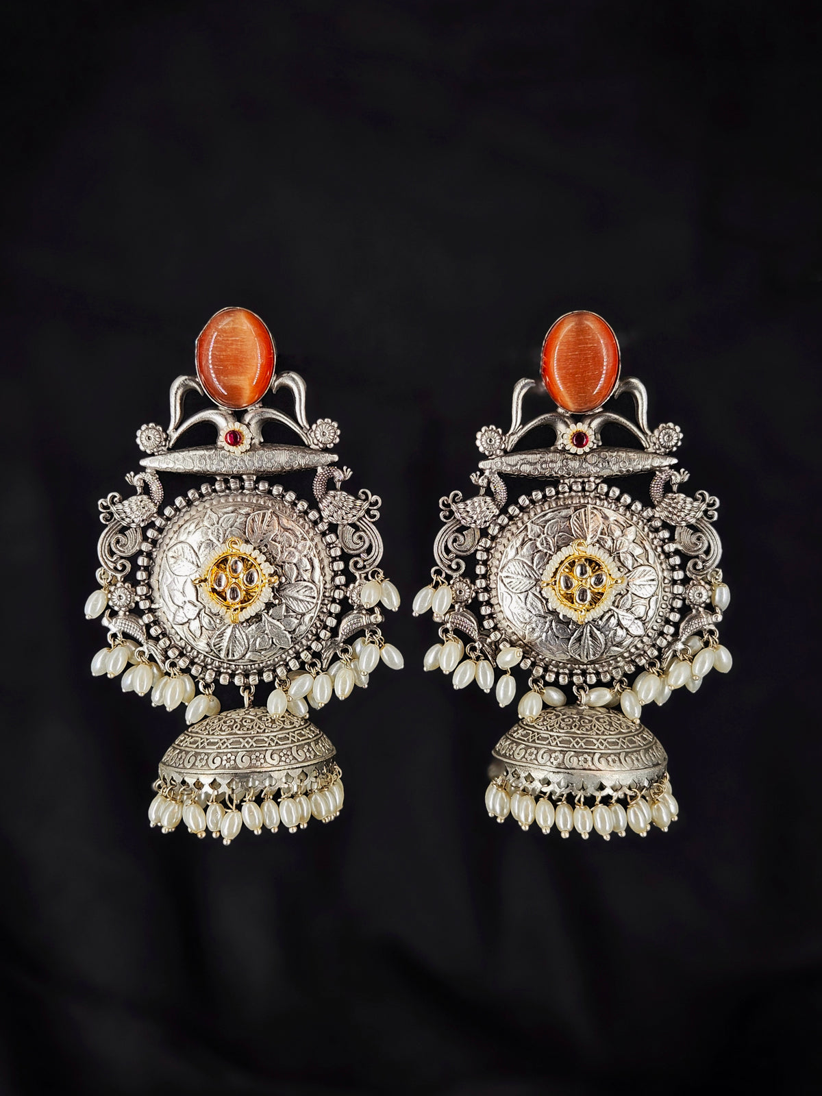 Traditional Jhumki Earrings with Vibrant Orange Stones