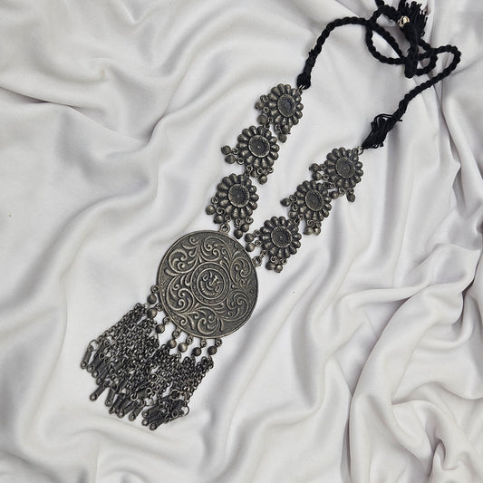 Ghungroo Studded floral & Tasselled design oxidised silver plated long necklace