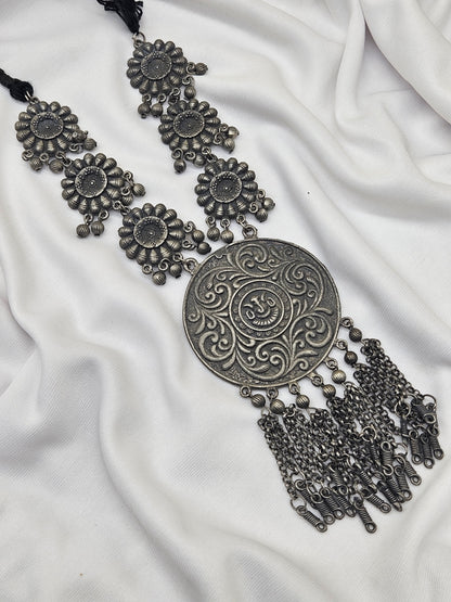 Ghungroo Studded floral & Tasselled design oxidised silver plated long necklace