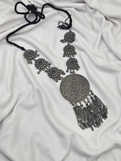 Ghungroo Studded floral & Tasselled design oxidised silver plated long necklace