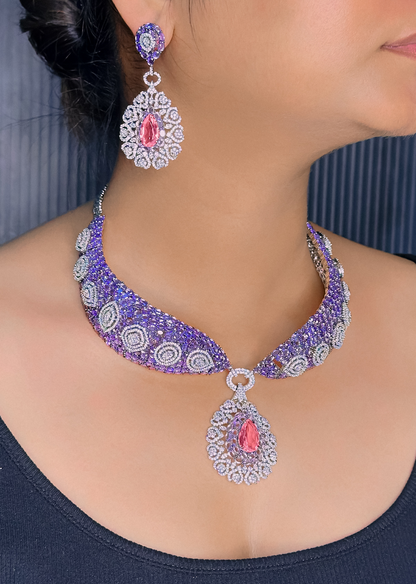CZ PINK Stone Choker Necklace Set -Kavipushp Blings