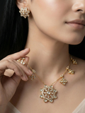 Gold Finish Kundan Floral Pendant Necklace Set with Stud Earrings | Bridal & Festive Jewellery