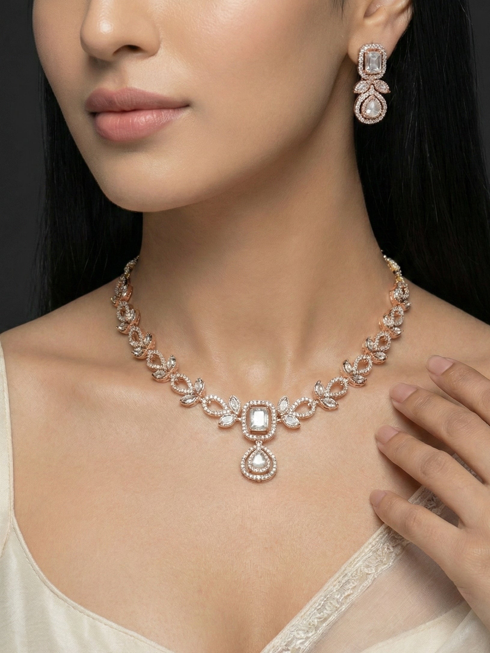 Rose Gold Finish Crystal Necklace Set with Drop Earrings | Elegant Bridal & Party Wear Jewellery