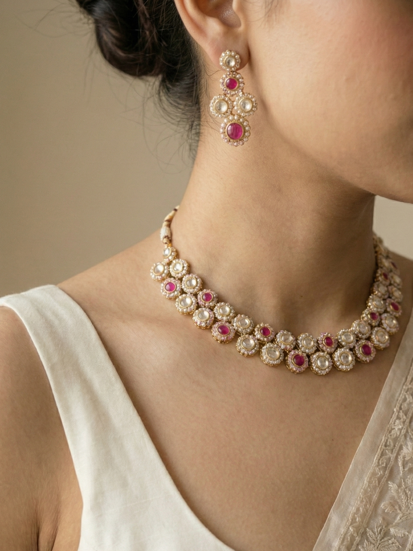 Pearl & Ruby Kundan Choker Necklace Set with Matching Drop Earrings | Bridal & Festive Jewellery