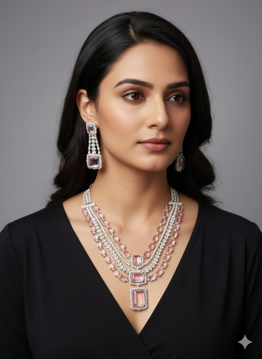 Baby Pink Big Stone CZ Necklace Set for Women | Party & Bridal Jewelry