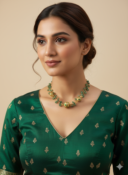 Bubble Stone Meena Pearl Layering Chain – Elegant Green & Gold Necklace