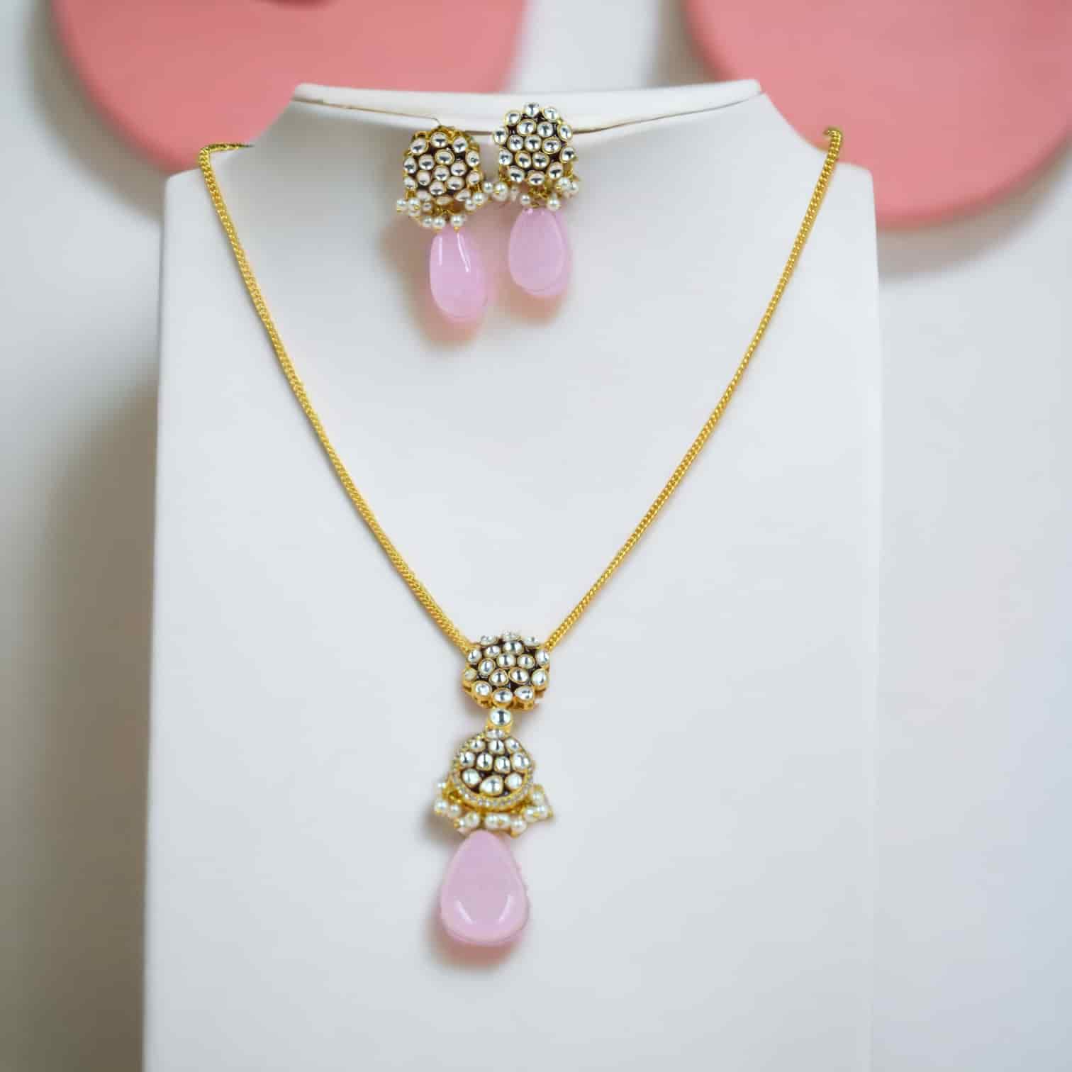 BABY PINK POLKI PEARL PENDANT SET