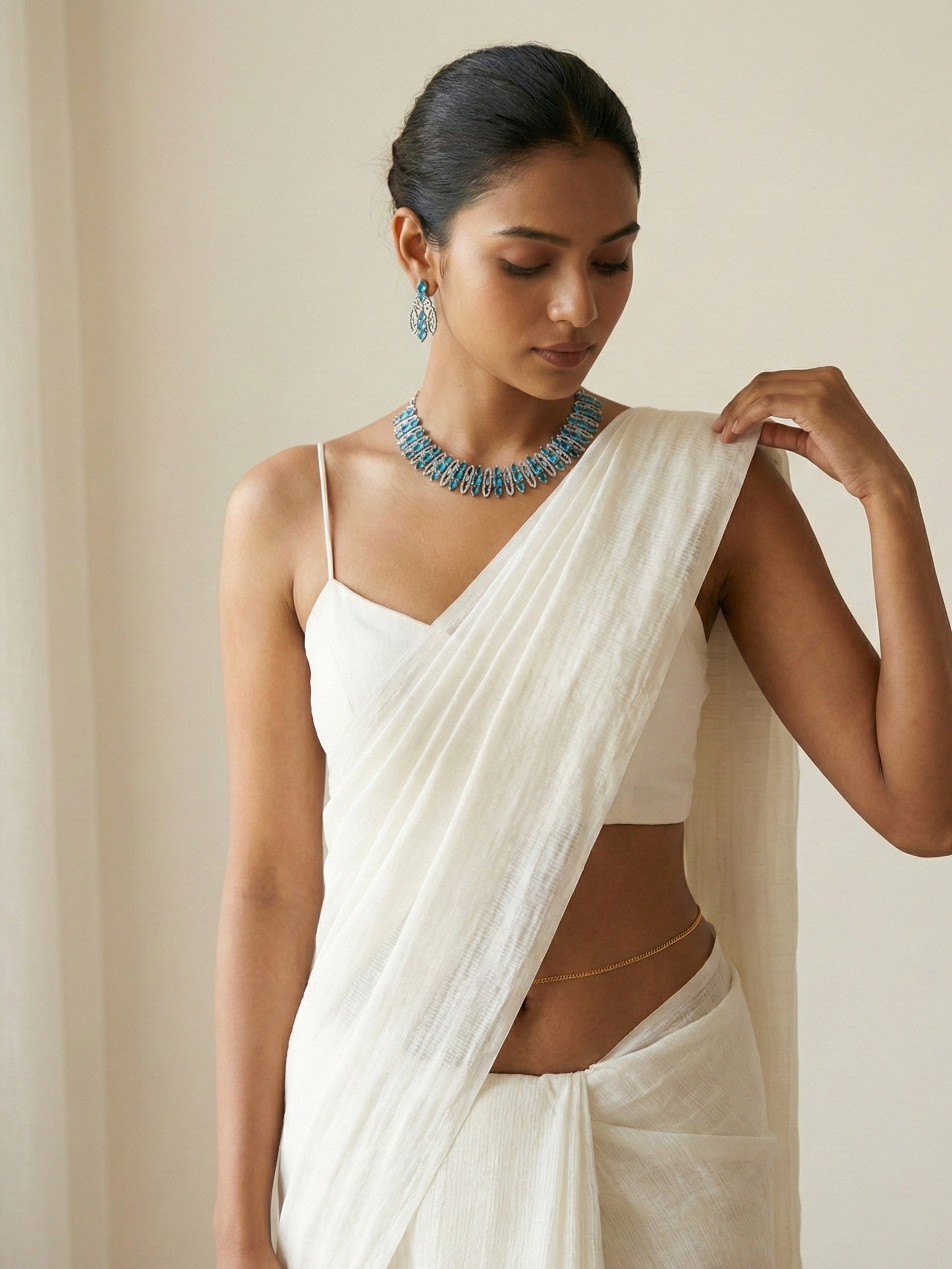 Aqua Blue Stone Necklace Set with Matching Earrings | Silver Finish Statement Jewellery for Women