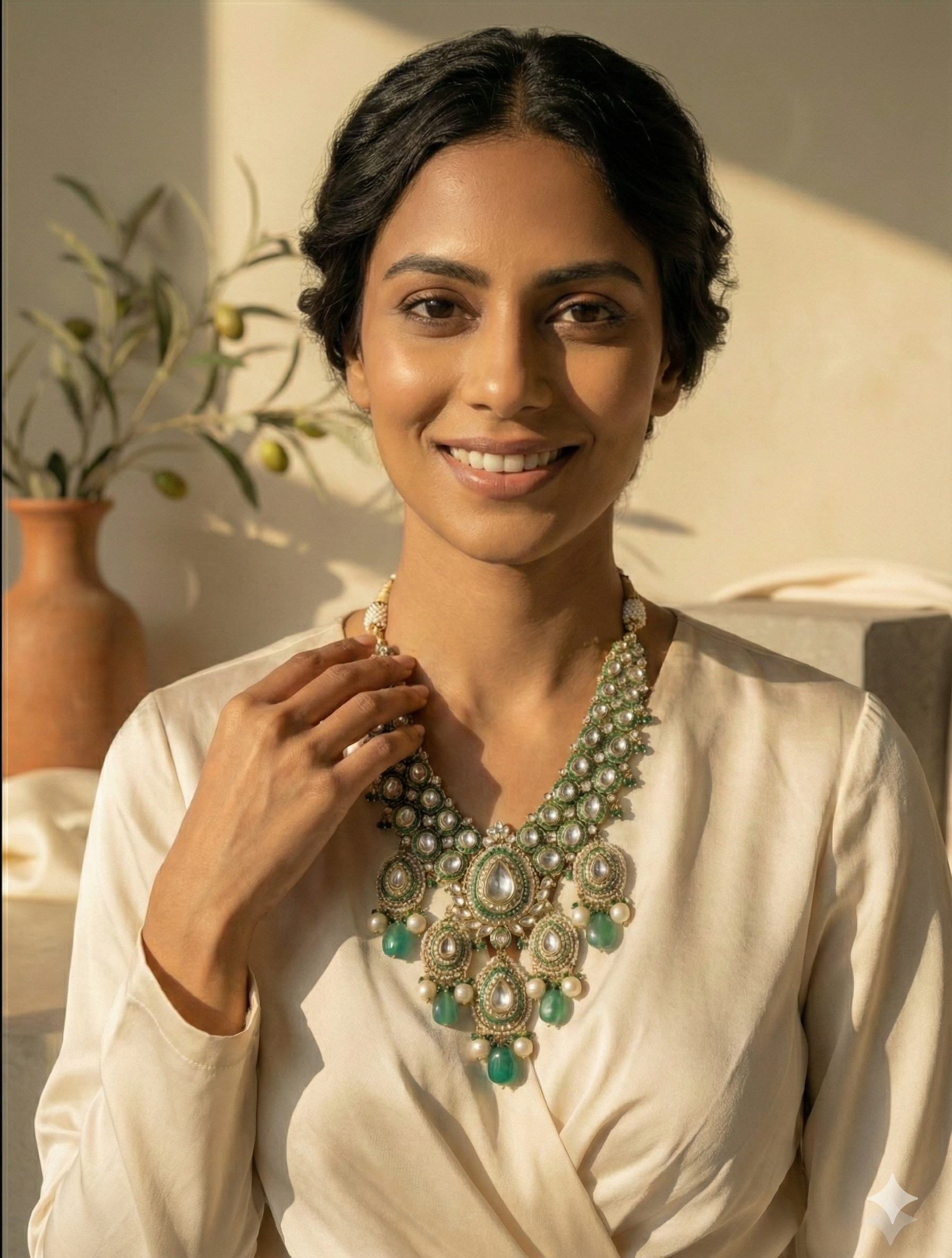 Green Kundan Bridal Necklace with Pearls & Emerald Drops – Traditional Wedding Jewellery