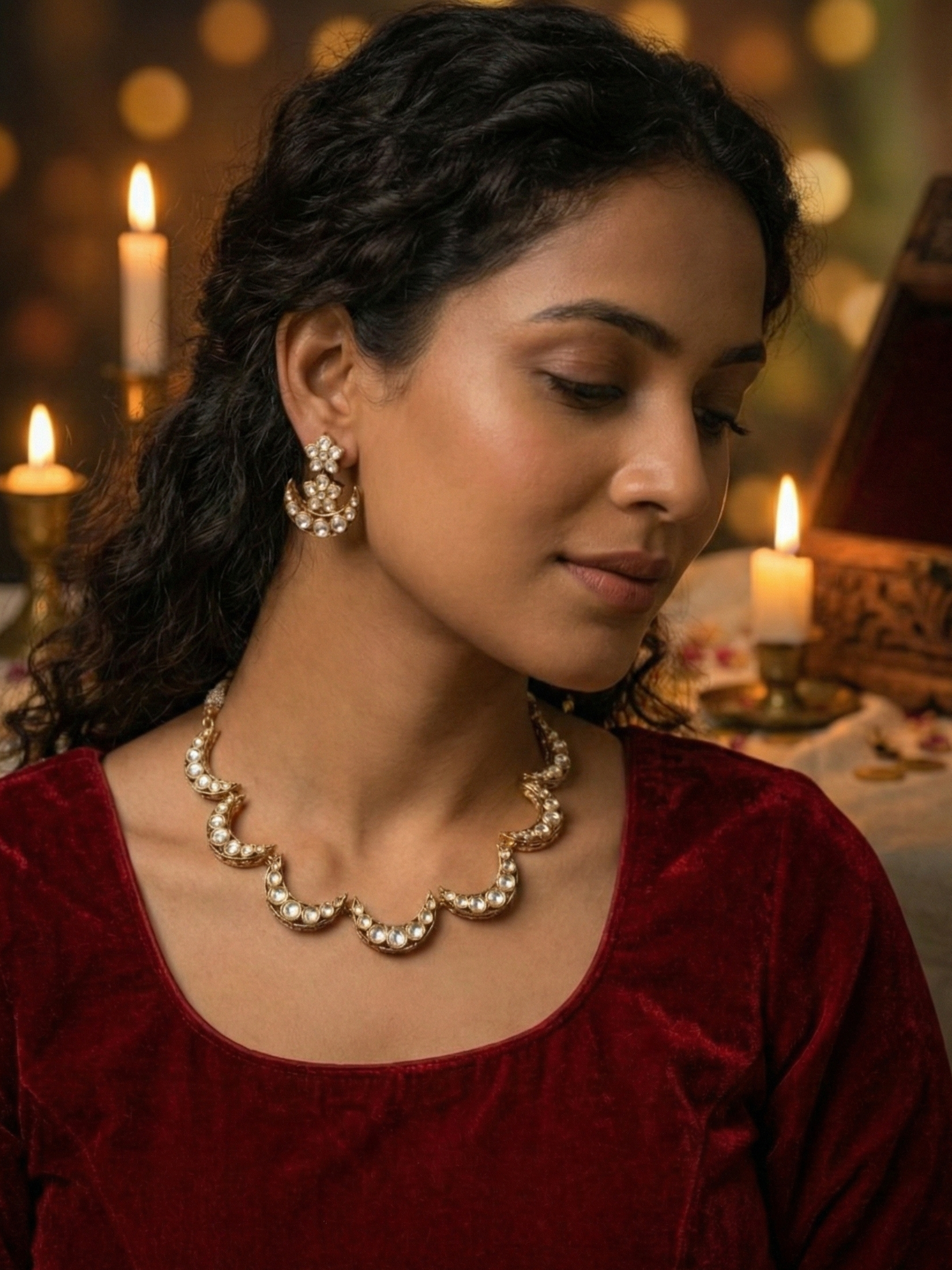 Pearl Crescent Necklace Set with Matching Earrings – Antique Gold Bridal Jewellery