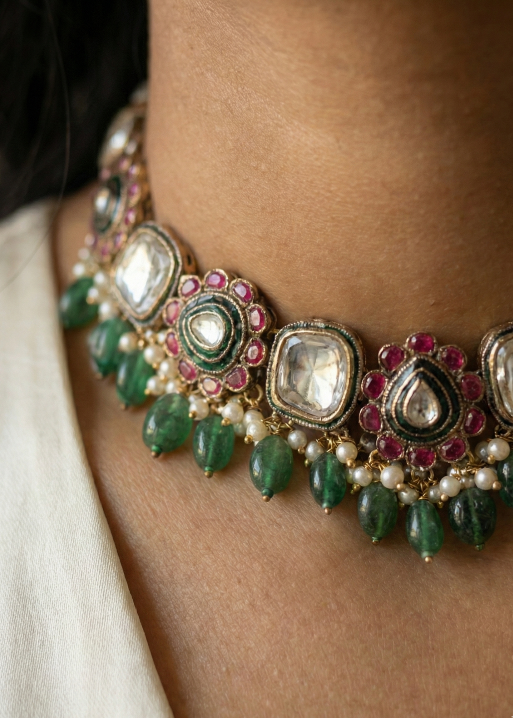 Green Kundan Pearl Choker Necklace for Women | Floral Kundan Choker with Pearl Drops (Copy)