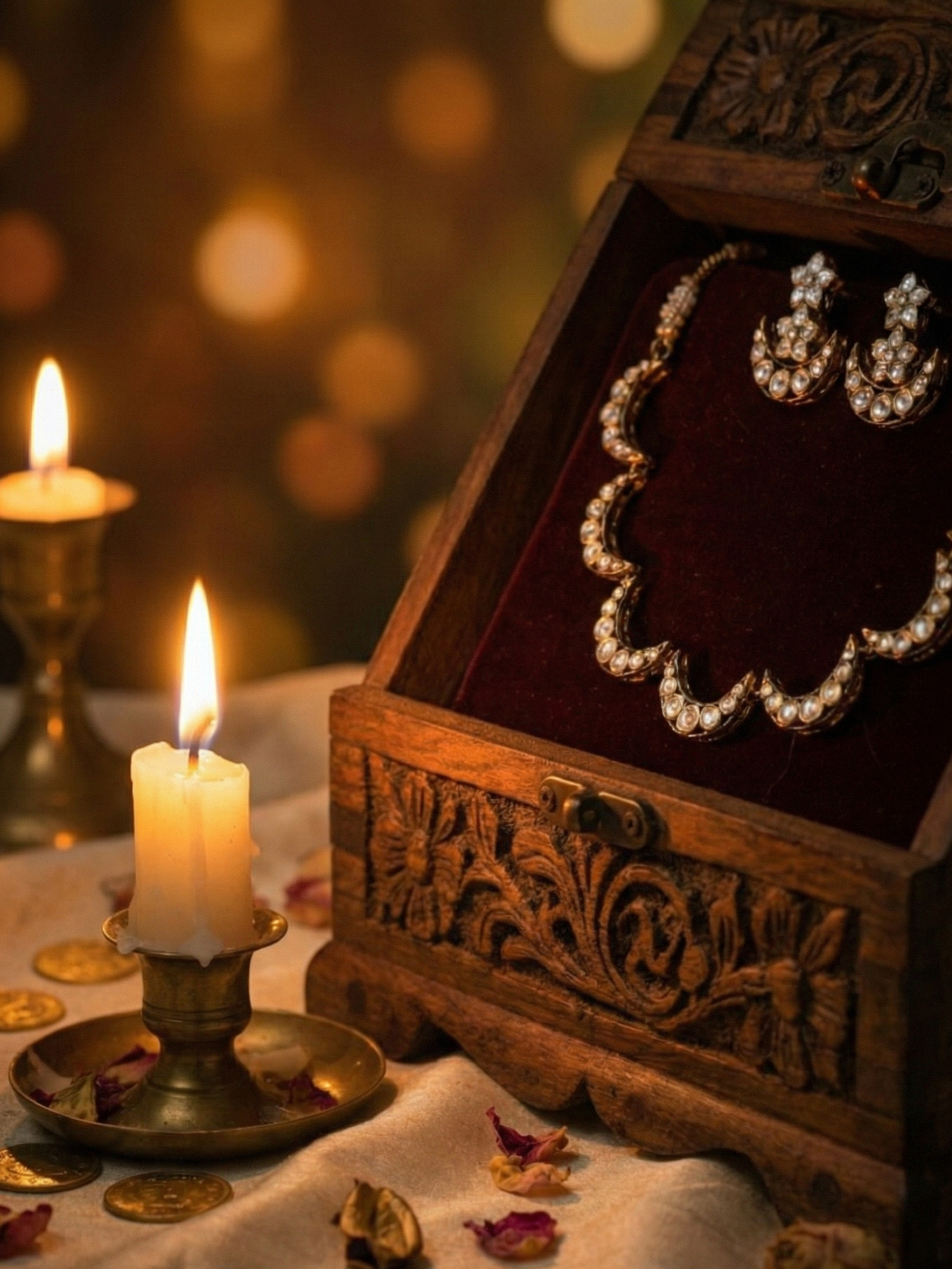 Pearl Crescent Necklace Set with Matching Earrings – Antique Gold Bridal Jewellery