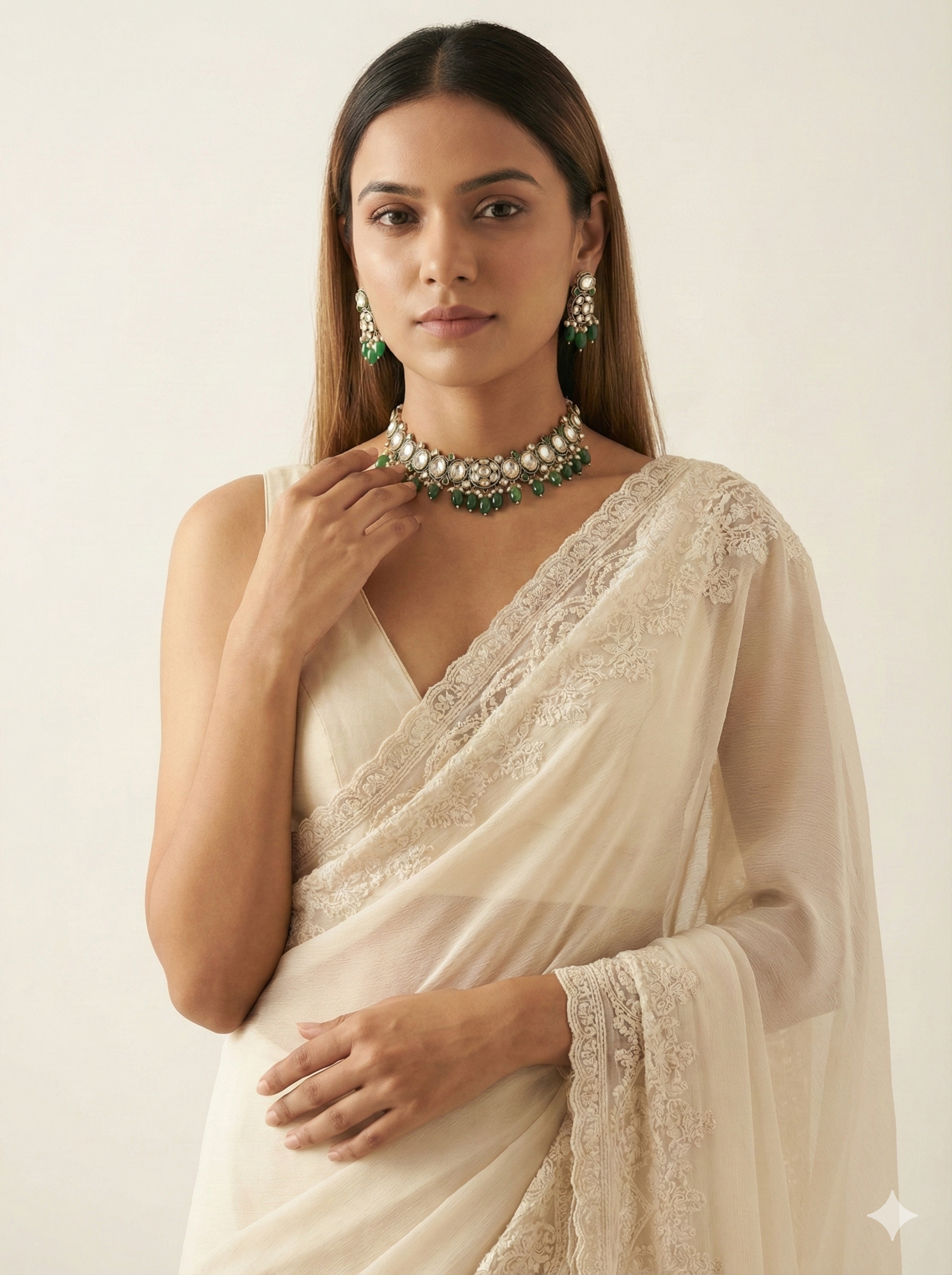 Green Kundan Choker Necklace Set with Oval Stones & Bead Drops | Traditional Bridal Jewellery for Women