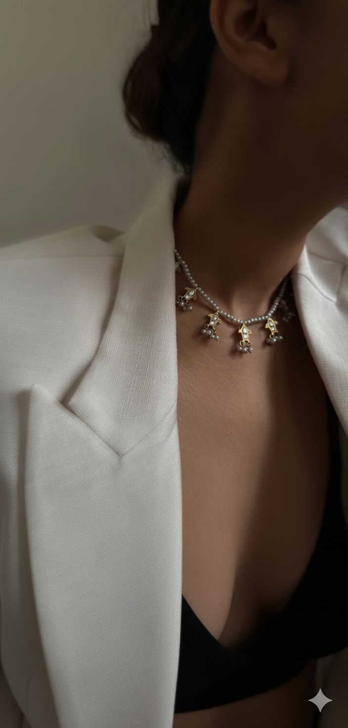 Pearl Beaded Choker Necklace with Gold Plated Kundan Charms | Women’s Ethnic Jewellery