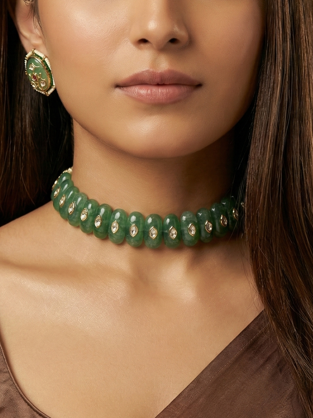 Green Jade Beaded Choker Necklace Set for Women | Gold Kundan Accent Collar Necklace with Matching Stud Earrings | Bridal & Festive Jewelry