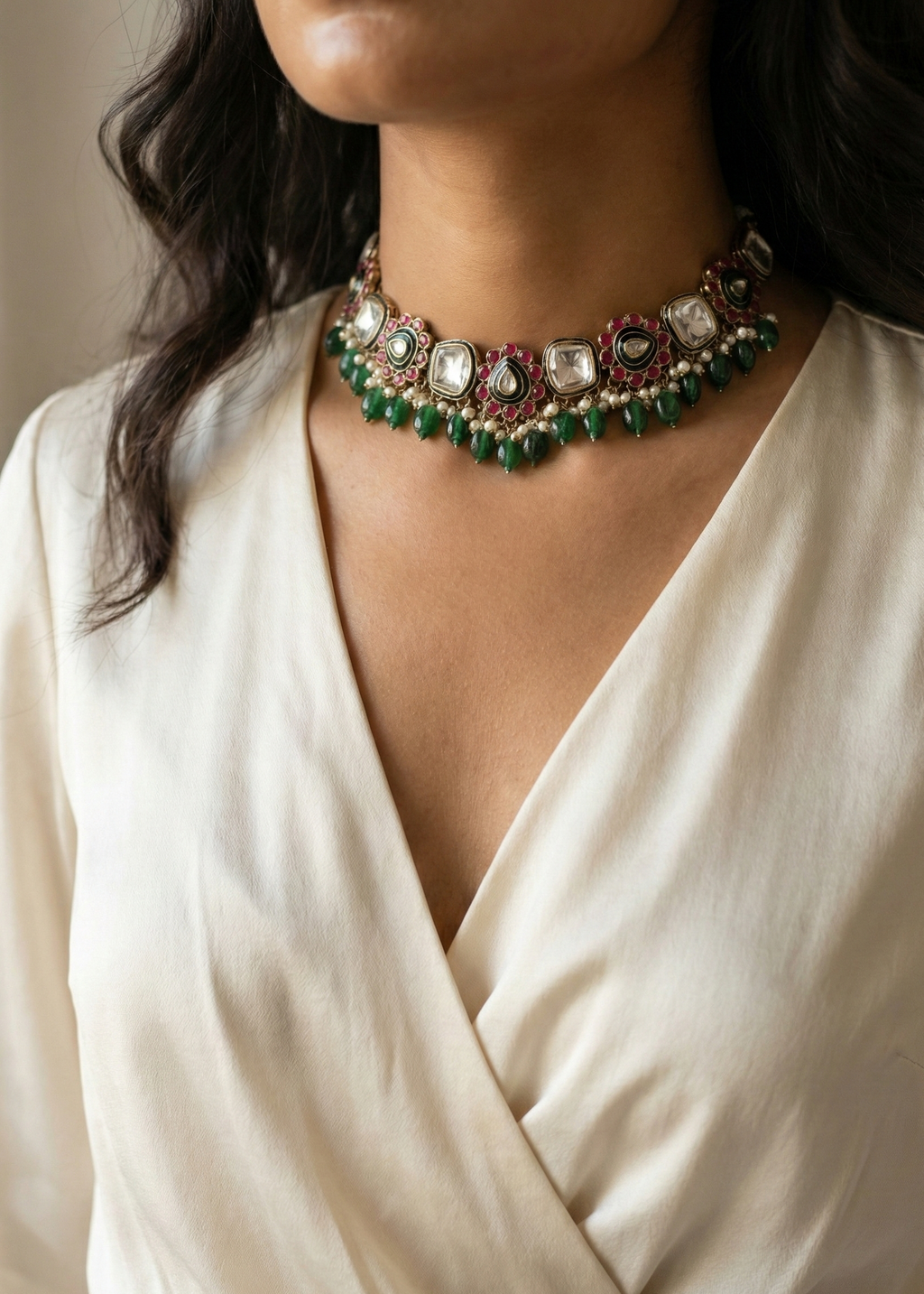 Green Kundan Pearl Choker Necklace for Women | Floral Kundan Choker with Pearl Drops (Copy)