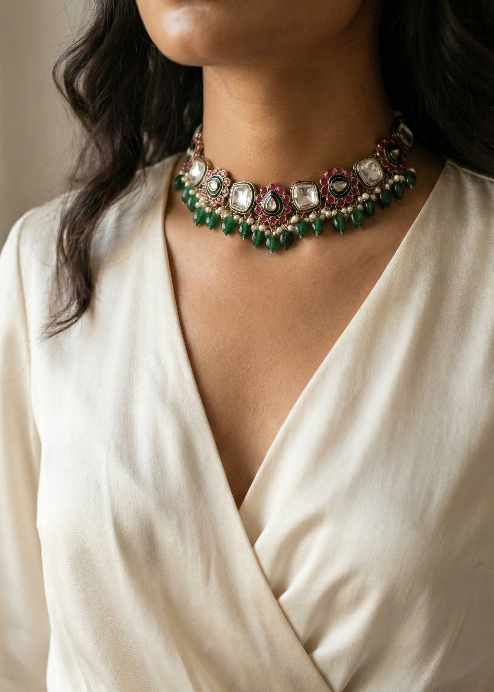 Green Kundan Pearl Choker Necklace for Women | Floral Kundan Choker with Pearl Drops (Copy)
