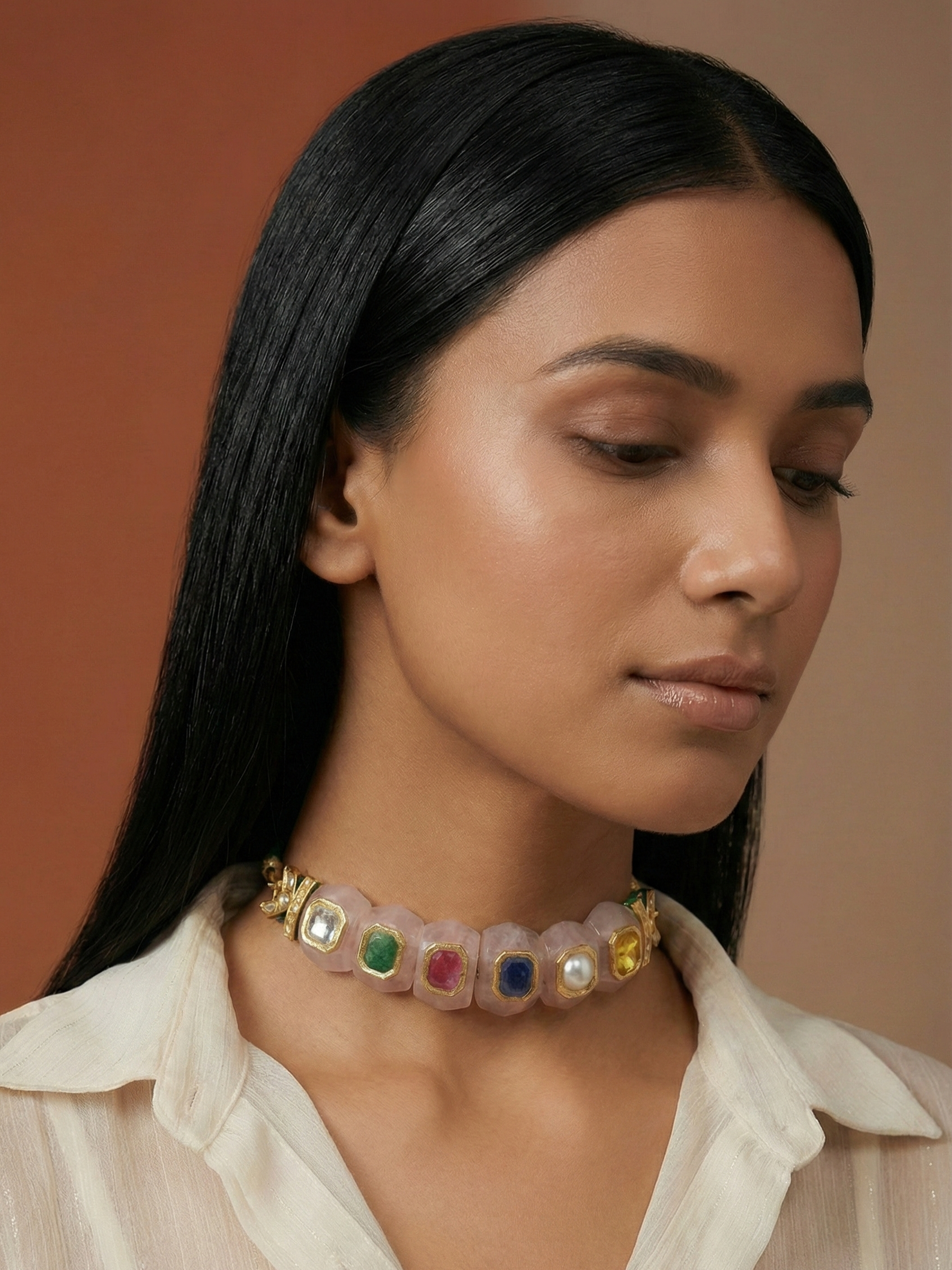 Rose Quartz Navratna Choker Necklace for Women | Gold Bezel Gemstone Statement Collar Necklace | Luxury Bridal & Festive Jewelry