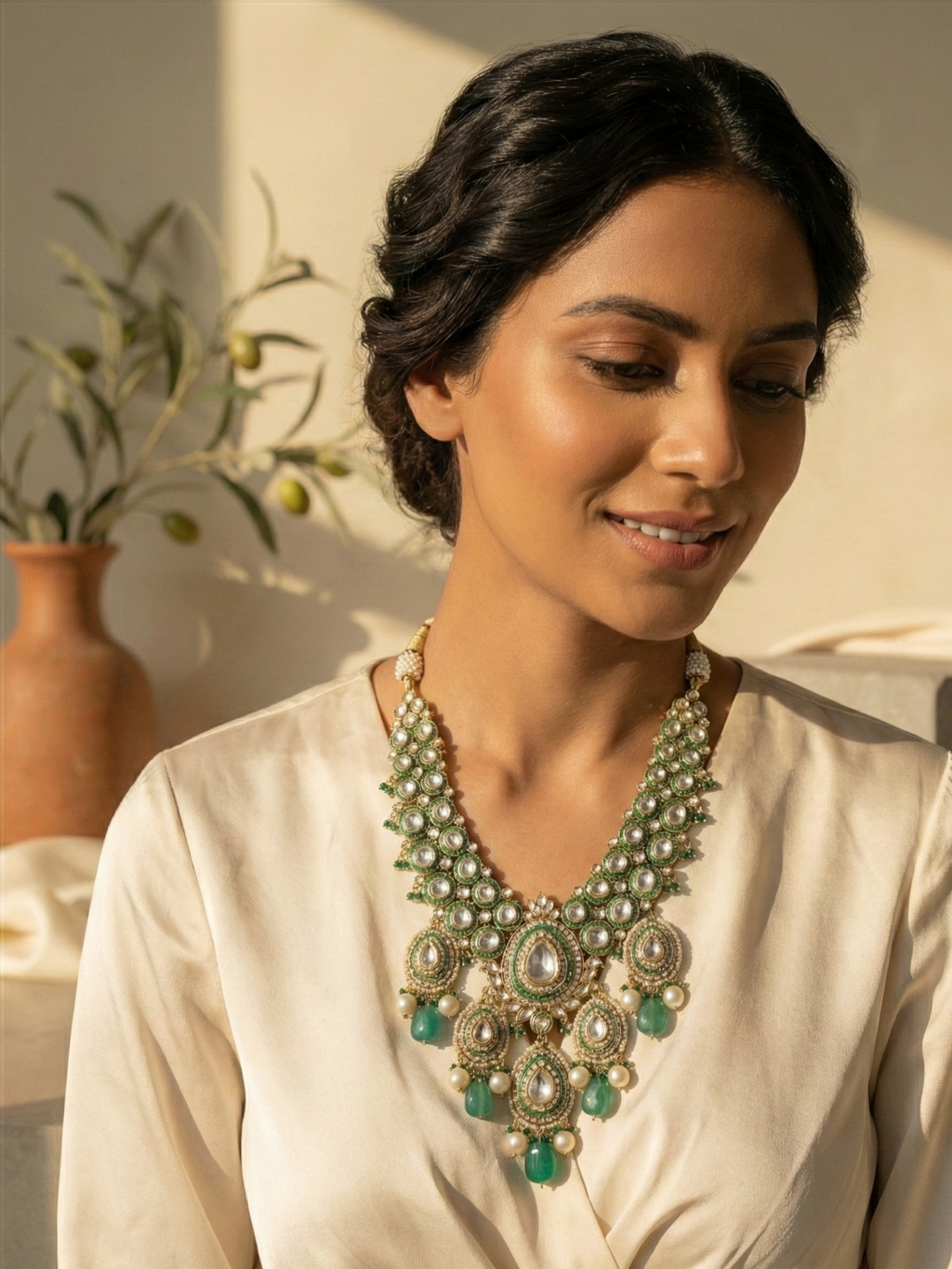 Green Kundan Bridal Necklace with Pearls & Emerald Drops – Traditional Wedding Jewellery