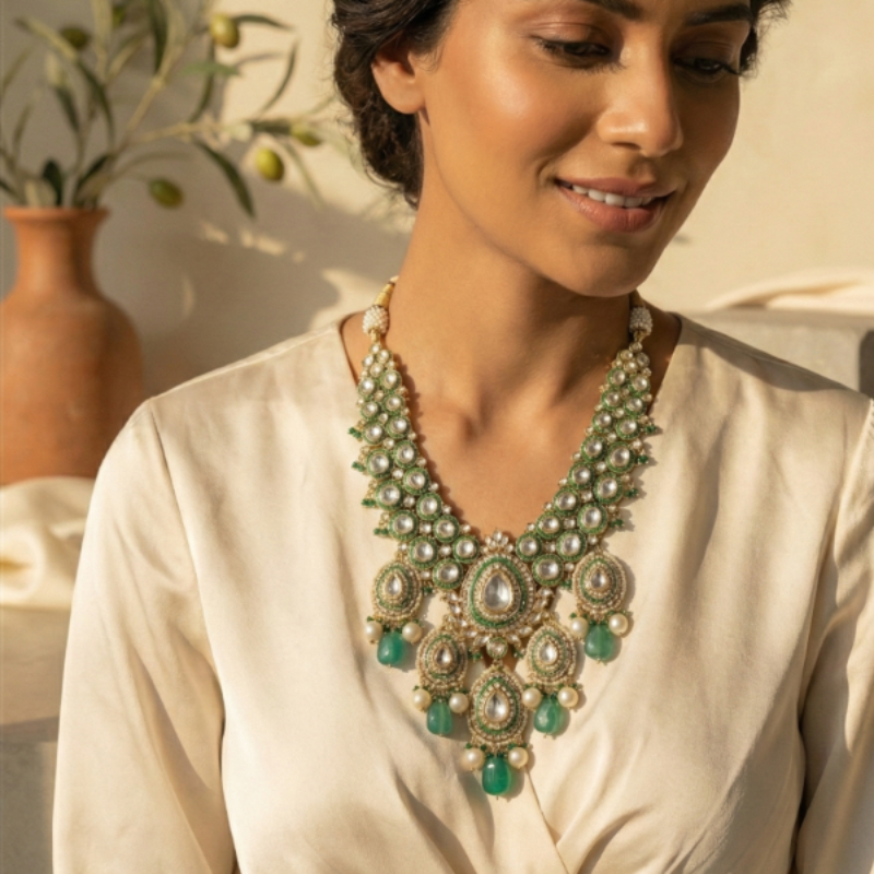 Green Kundan Bridal Necklace with Pearls & Emerald Drops – Traditional Wedding Jewellery