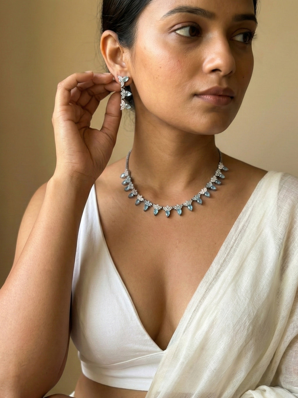 Sky Blue Teardrop Stone Necklace Set with Drop Earrings | Silver Finish Party Wear Jewellery