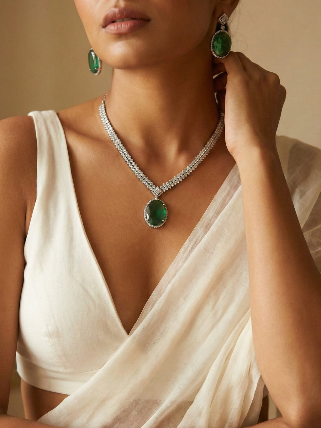 Emerald Green Oval Stone Necklace Set with Drop Earrings | Silver Finish Bridal & Party Wear Jewellery