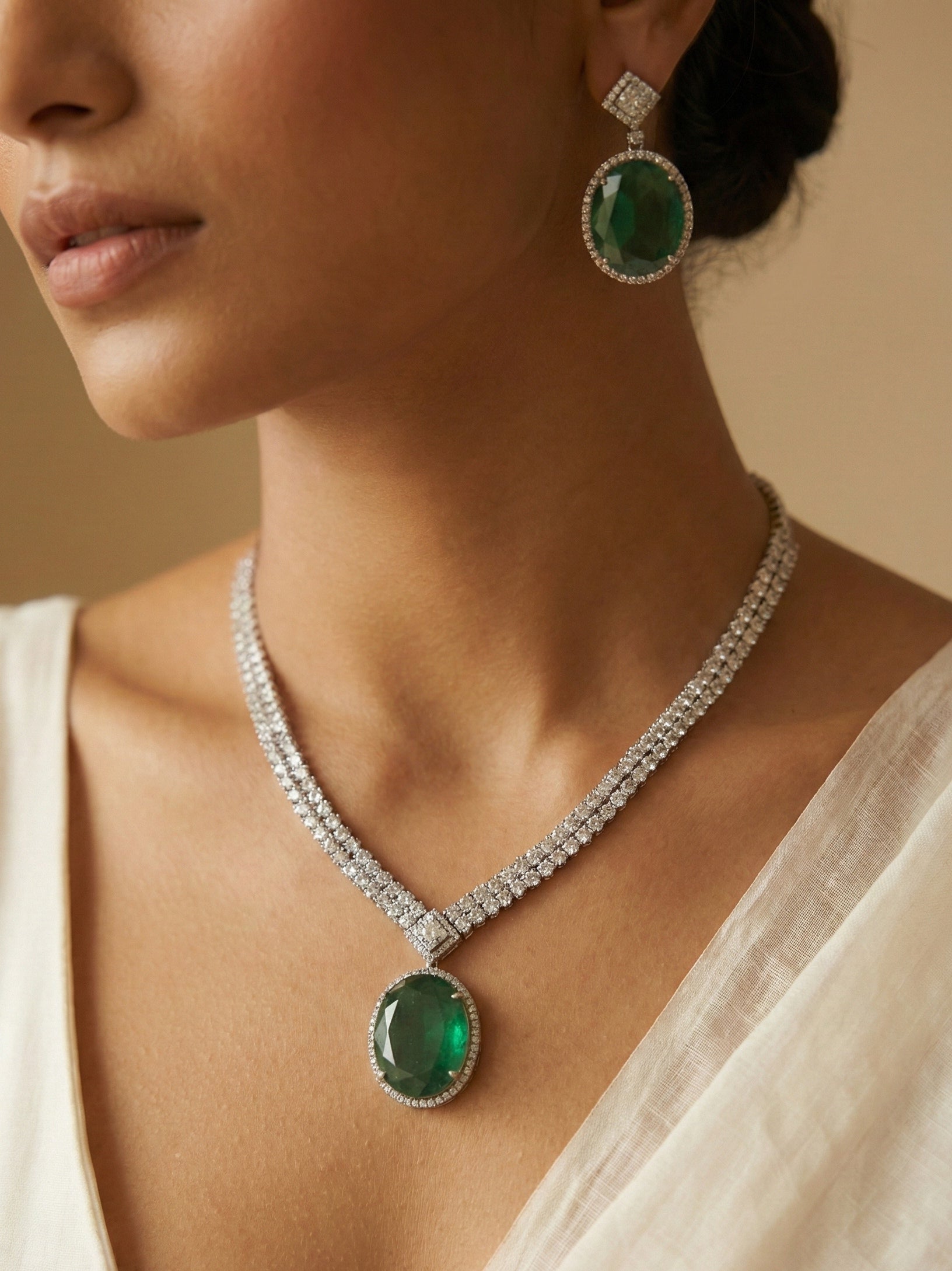 Emerald Green Oval Stone Necklace Set with Drop Earrings | Silver Finish Bridal & Party Wear Jewellery