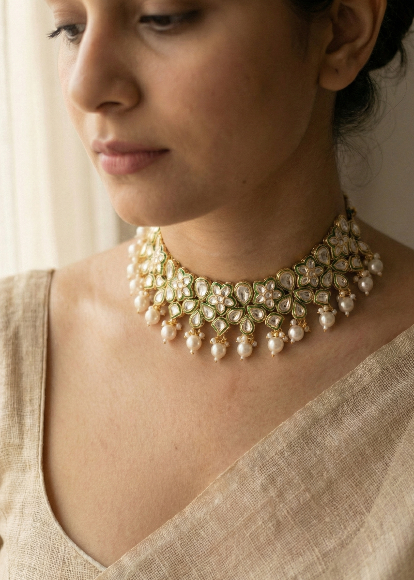Green Kundan Pearl Choker Necklace for Women | Floral Kundan Choker with Pearl Drops