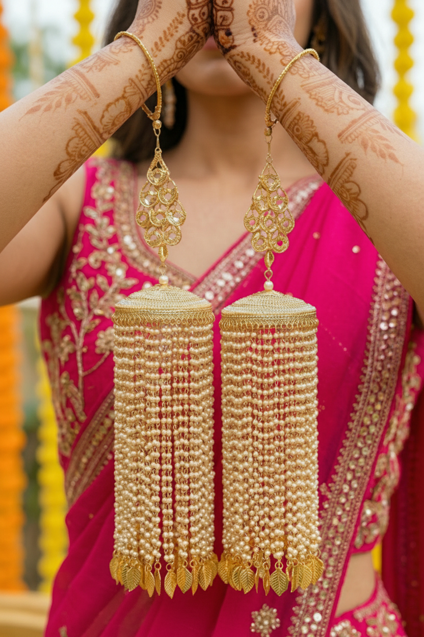 Heavy Pearl Bridal Kaleere with Gold Leaf Detailing | Traditional Long Wedding Kaleera | Punjabi & North Indian Bridal Accessory