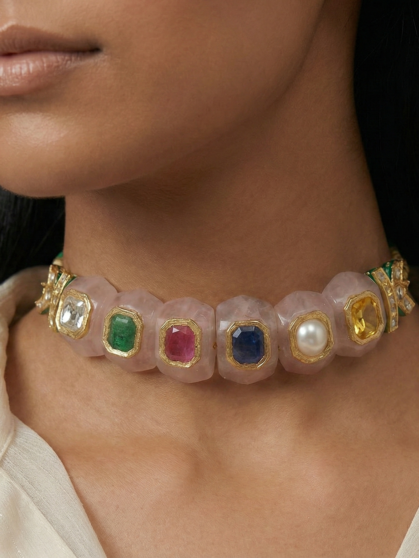 Rose Quartz Navratna Choker Necklace for Women | Gold Bezel Gemstone Statement Collar Necklace | Luxury Bridal & Festive Jewelry