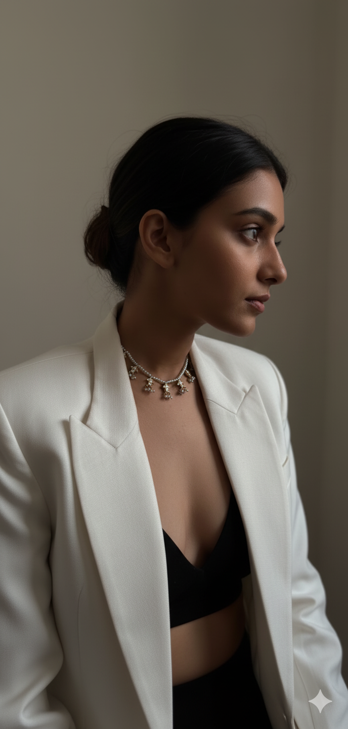 Pearl Beaded Choker Necklace with Gold Plated Kundan Charms | Women’s Ethnic Jewellery