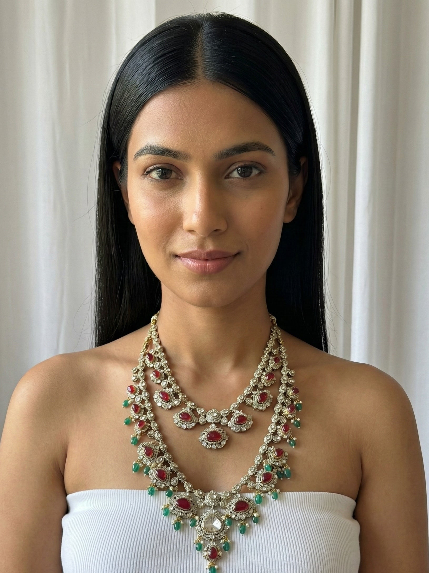 Dual Layer Kundan Necklace with Ruby Pink Stones & Green Bead Drops | Traditional Bridal Statement Jewellery for Women