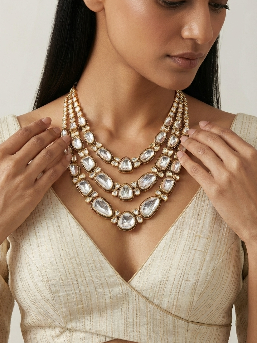 Classic White Kundan Triple-Layer Statement Necklace for Women | Bridal & Wedding Jewellery